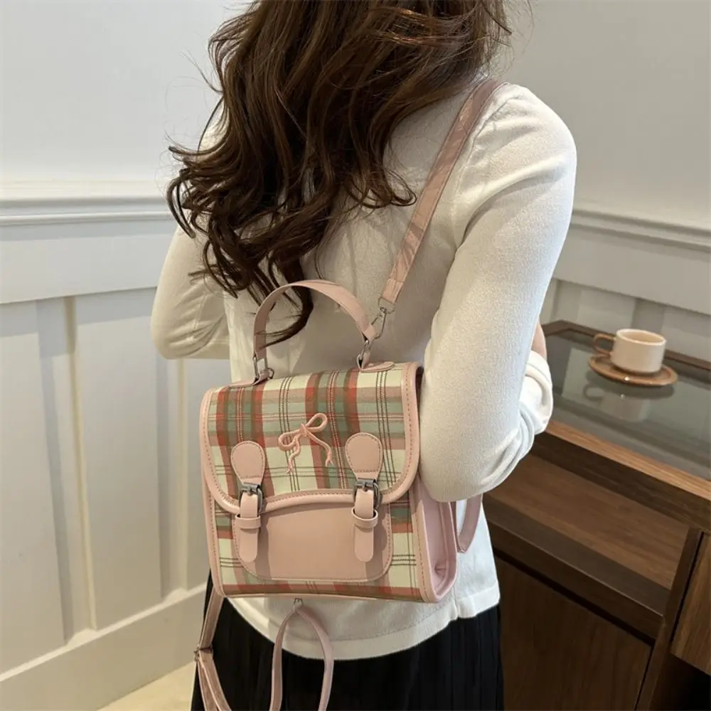 

Креативный рюкзак из искусственной кожи в студенческом стиле, клетчатый рюкзак с бантом и сеткой, женская сумка через плечо, уличная сумка