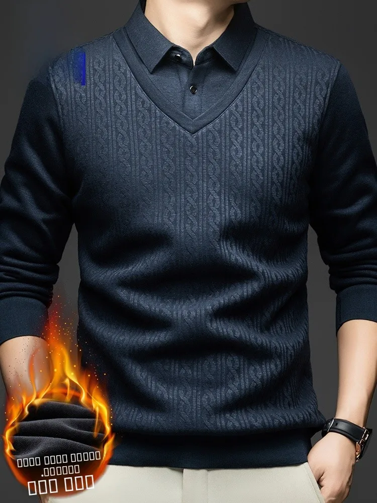 

Мужской вязаный свитер Lormen с флисовой подкладкой, имитация двухслойности, деловой повседневный стиль, высококачественный, комфортный, базовый, для среднего сезона