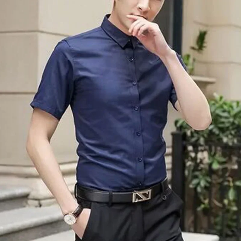 

Fashion Lapel Button Solid Color All-match Shirts Men's Clothing 2023 Summer New Oversized Casual Tops Short Sleeve Korean Shirt