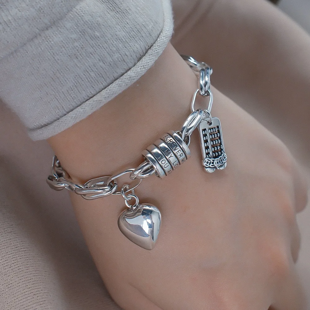 925 Sterling Silver Bracelets for Women Men String Accessories Trend Vintage Heart Pendant Party Jewelry Gift