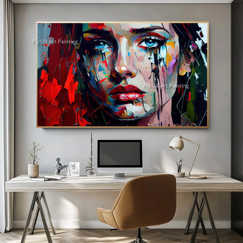 Popular Design Hand Made Black Red Women Face Canvas Thick Artwork New Large Abstract Girls Portrait Oil Painting For Bedroom