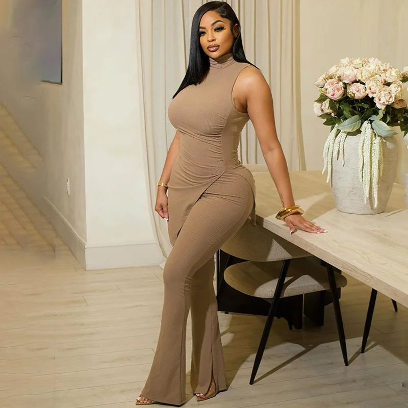 

Bangniweigou asymmetric hemline turtleneck sleeveless top and pants two piece set women casual commuter flare pants suit khaki
