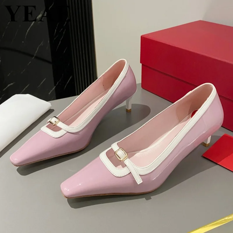 

Designer Patent Leather Buckle Strap Pumps Women Sexy Pointed Toe Thin Heels Wedding Banquet Pumps Ladies Shoes Women High Heels