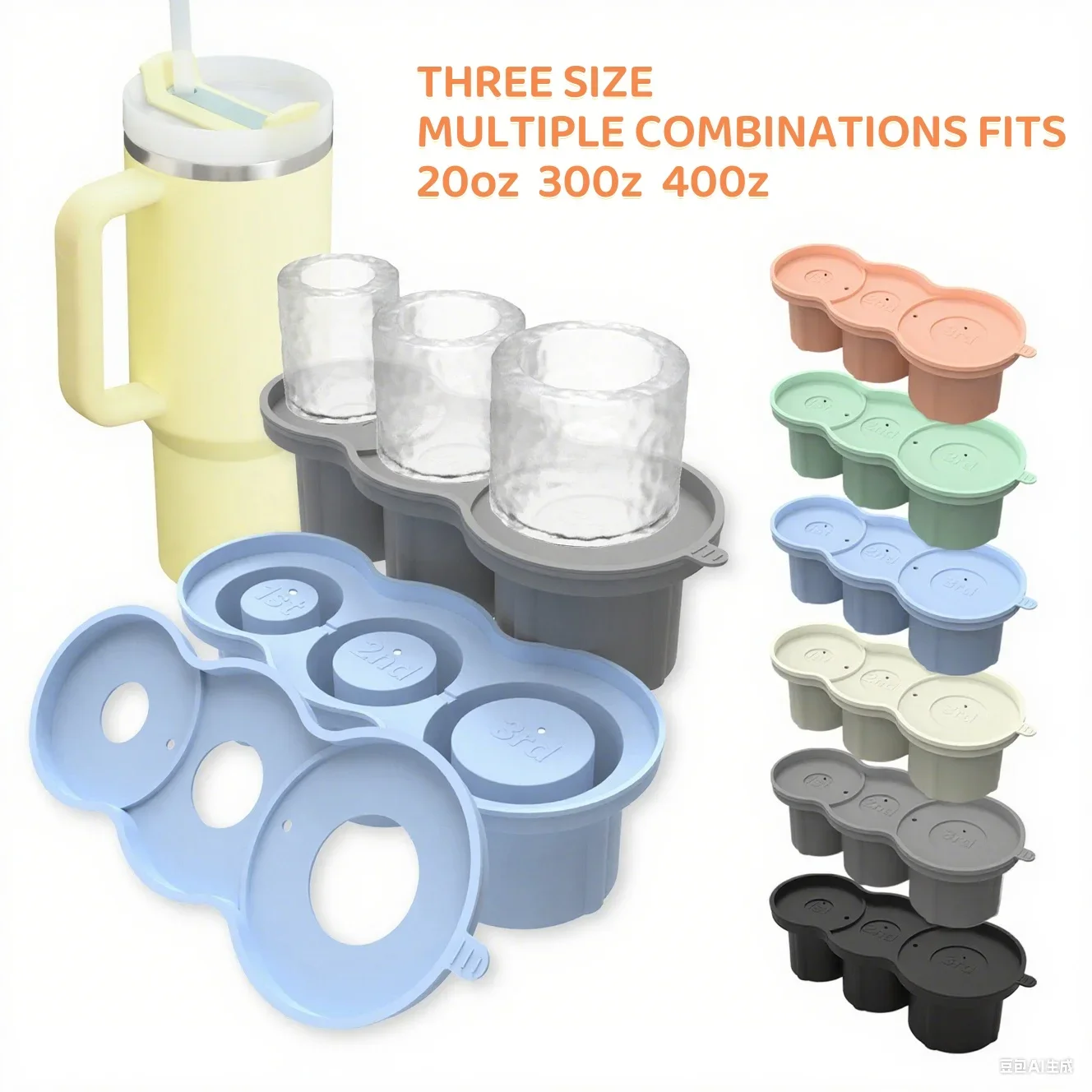 

3 Hole Ice Cube Tray Ice Mold Food Grade for 20 30 40oz Stackable with Lid Easy Release Reusable Silicone Ice Tray Space Saving