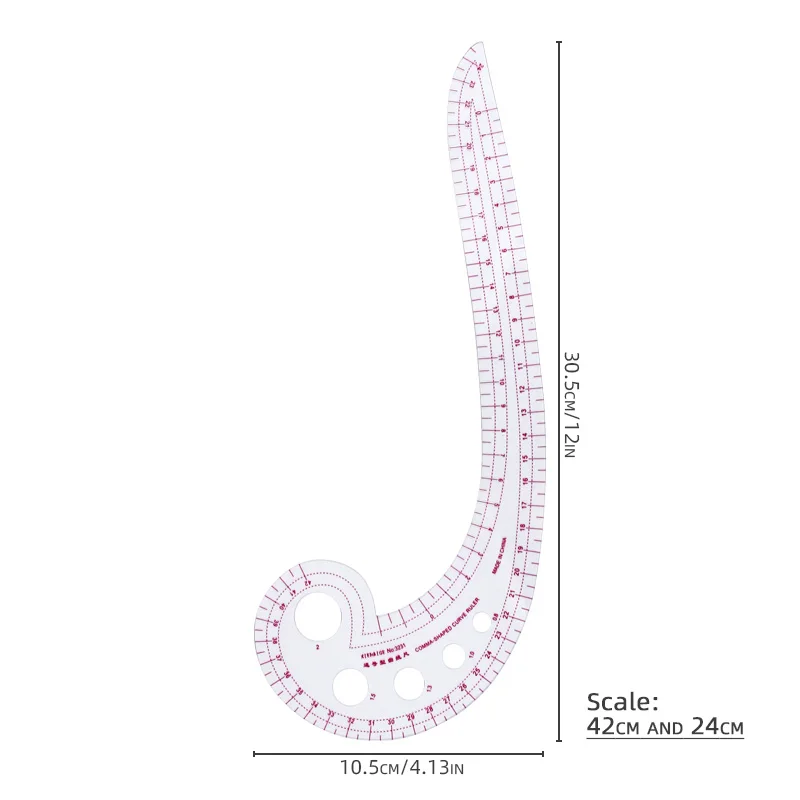 42cm French Curve Ruler, 24cm Inner Scale & 1mm Thick Plastic, Dual-Scale for Sewing, Tailoring, Crafting