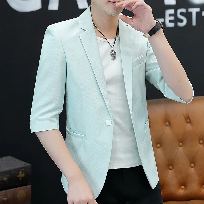 2026 New Thin Section Men's Linen Seven-quarter Sleeve Blazer, Fashionable Slim Summer Jacket, Beige Gray Light Green Optional