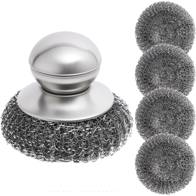 1PC Steel Wool Scrubber with Handle Stainless Steel Cleaning Brushes Cleaning Dishes Stock Pots Pans Griddles Grills