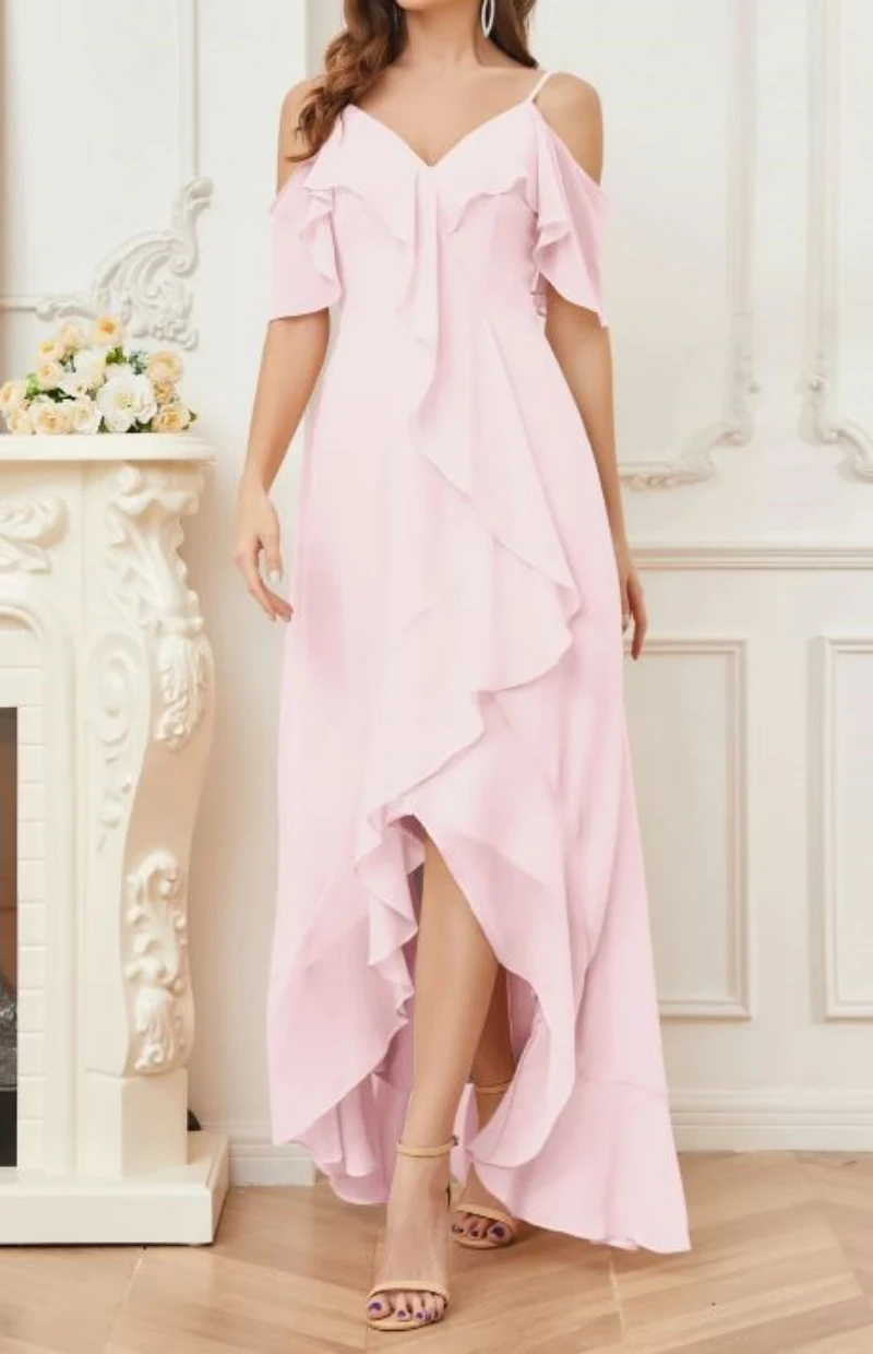 

A-line Chiffon Short Sleeves Off the Shoulder Ruffles High Low Bridesmaid Dresses