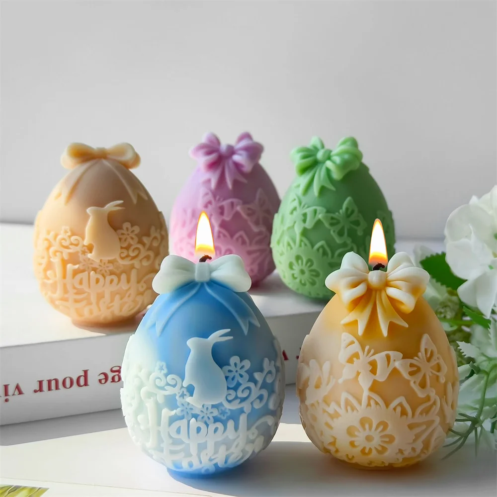 3D Easter Egg Candle Silicone Mold Embossed Rabbit  Butterfly Bow Candle Plaster Drop Glue Mold Handmade Soap Handmade Gifts