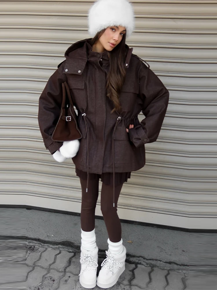Kapuzenjacke mit Mehreren Taschen und Kordelzug für Damen, Streetwear-Stil mit Stehkragen, Epauletten, Langen Ärmeln, Locker Geschnittene Mäntel, Schicke Damen-Oberbekleidung – Detail 20