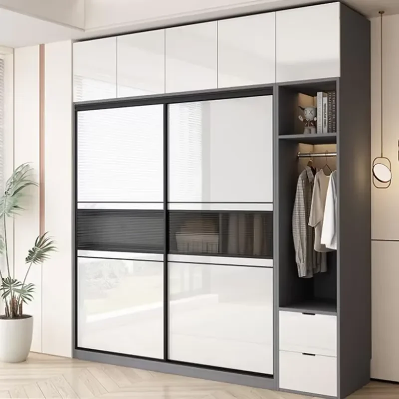 Space Saving Modern Minimalist Design with Expandable Sliding Cream Colored Wardrobe for Small Apartment Bedrooms