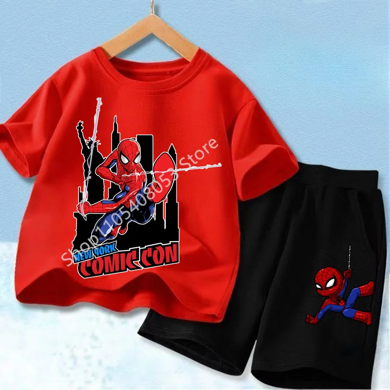 Red Spider Printed Children Print T-shirt Summer Clothes 3-12Yrs Boys Girls Short-sleeved Top+Shorts Casual Sports Set Clothing