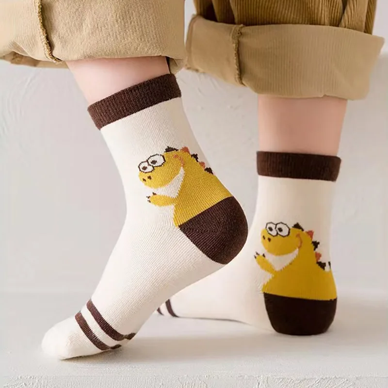 5Pairs Autumn Winter Children Socks Cute Dinosaur Kids Mid Tube Sock 1-6year Baby Cotton Socks Warm Footwear Clothes Accessories