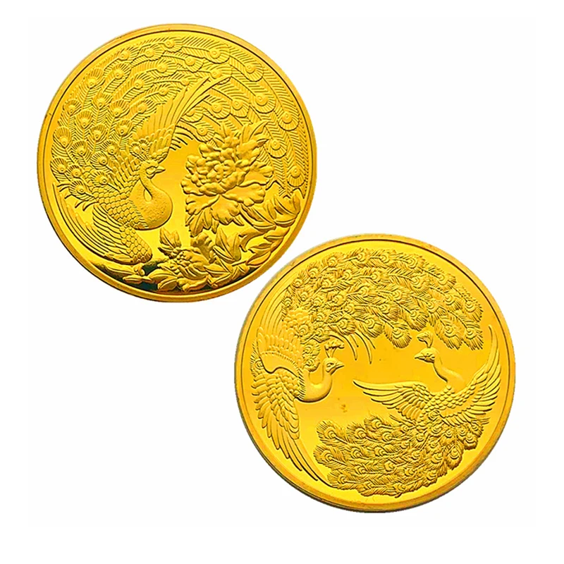 

Chinese Painted Peacock Plated Gold Coin Traditional Culture Collectible Phoenix Symbol Silver Coin Collection