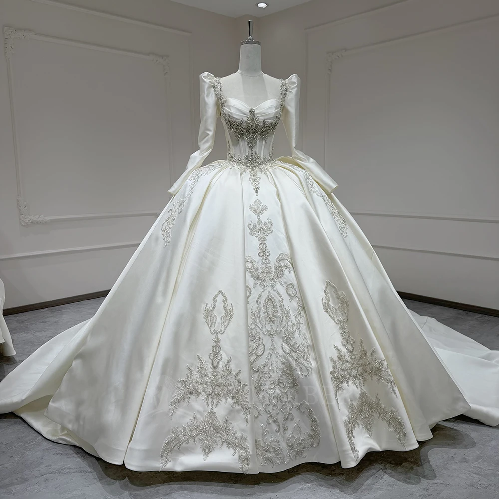 

Luxury Heavy Industry Diamond Princess Satin Wedding Dress Backless Bridal Dress Vestido De Noiva Customized Removable Sleeves