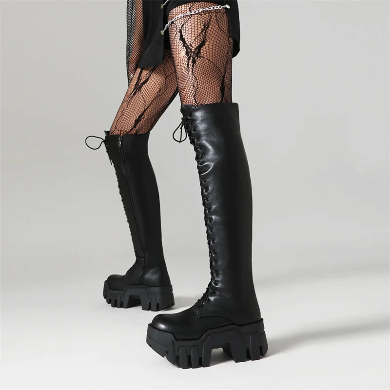 

2025 Punk Patent Leather Cross-tied Knee-high Long Boots Ladies Thick Bottom High Heel Platform Black Street Party Women Shoes