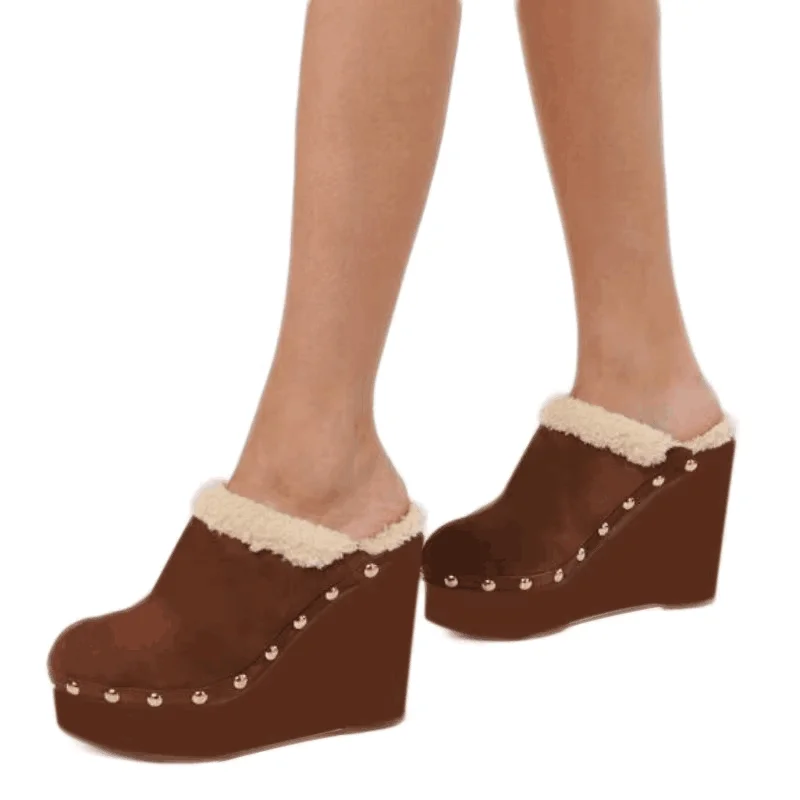 SHOFOO Fashionable women's high-heeled slippers. Brown suede slippers. About 12cm heel height. Mao collar slippers. Wedges shoes