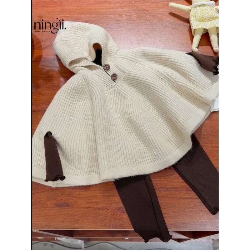 Autumn Children24New Baby Windproof Hood Knitwear Sweater Western Style Solid Color Cape Cloak