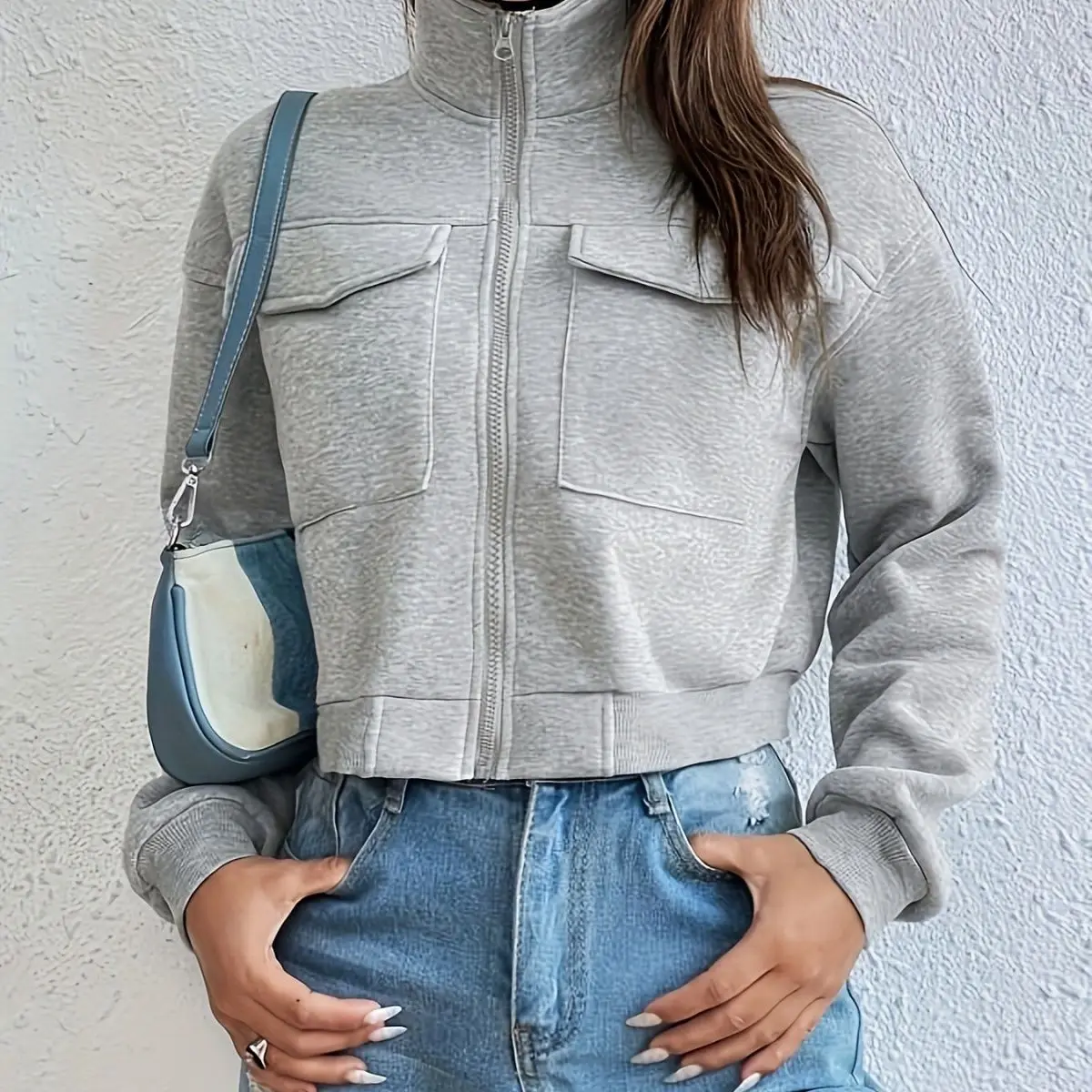 American Tooling Pocket Loose Waist Sweater Jacket Spice Girl Street Stand-Up Collar Versatile Casual Zipper Short Jacket