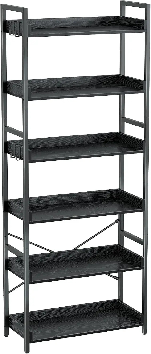 

Bookshelf 6 Tier with 4 Hooks, Vintage Storage Rack with Open Shelves, Rustic Standing Bookshelves Metal Frame Display Rack