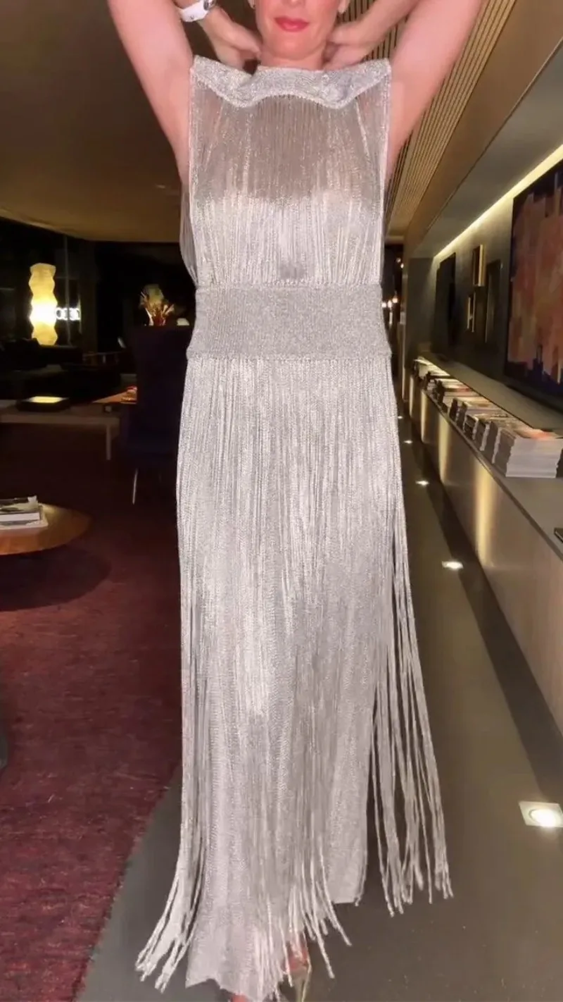 طقم مكون من قطعتين فستان أنيق مزين بالترتر للنساء ملابس خروج لامعة بدون أكمام للحفلات فساتين طويلة أنيقة برقبة دائرية