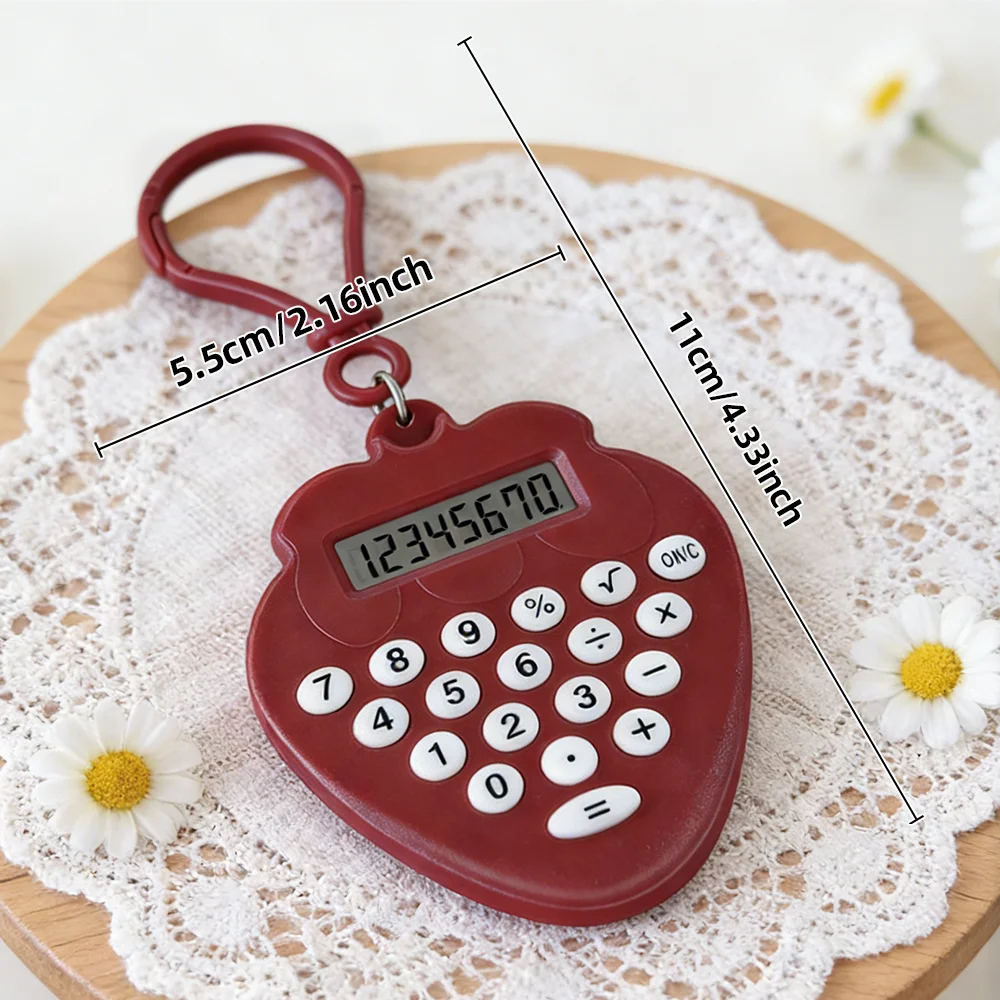Cute Strawberry Mini Calculator Candy-Colored 8-Digit Student Study Exam Silent Portable Keychain Computer