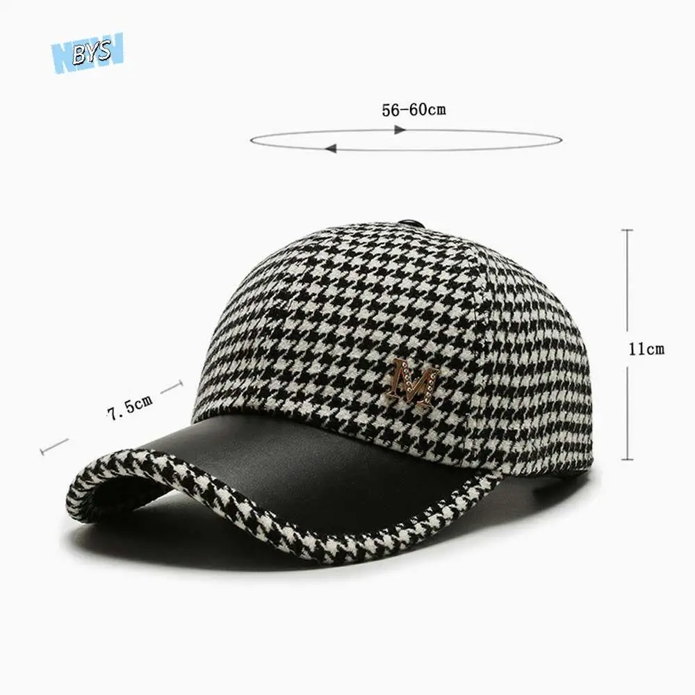 

Coffee Hat Gird Pattern Black Streetwear Embroider Korean Style Hat Pu Leather Brim Face Cap Houndstooth Baseball Cap