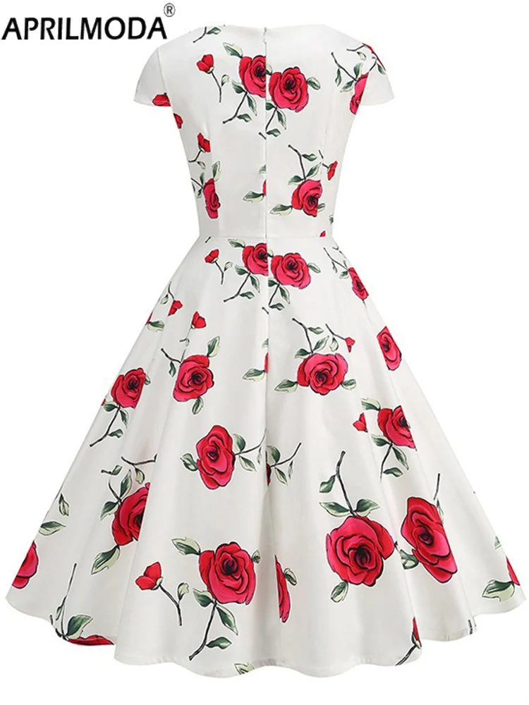 夏レトロヘップバーンスタイル 1950 年代 60 年代フレアカジュアルドレスレモンローズチェリープリント白黒ヴィンテージミディロング滑走路パーティードレス