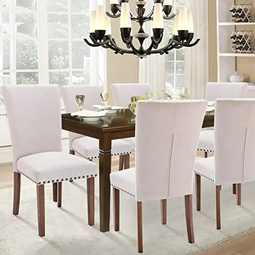 Set of 6 Upholstered Nailhead Dining Chairs with Thick Cushions and Wood Legs Dining Room or Kitchen Comfortable and Stable