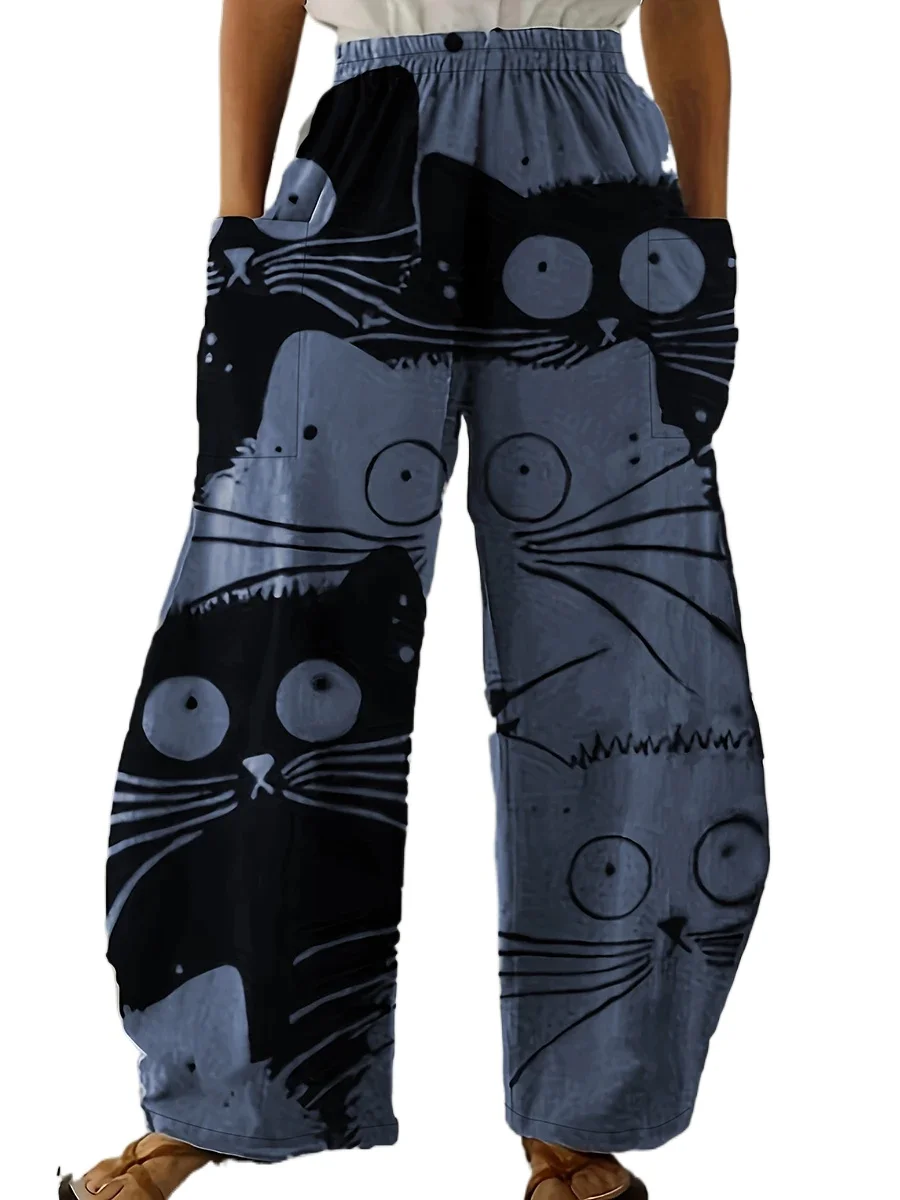 New Loose Vintage Y2K Pants Cat Print Wide Leg Elastic High Waist Baggy Trousers Casual Women Pockets Fashion Streetwear