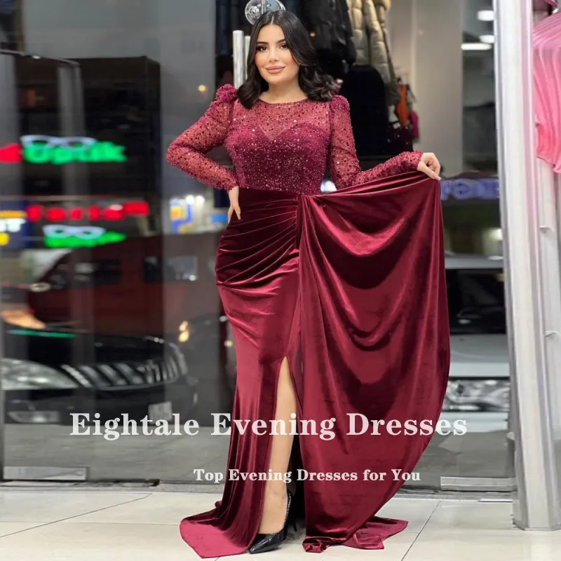 Eightale Luxury Evening Dress Saudi Arabic Long Sleeves Velvet Sequin Formal Mermaid Wedding Prom Gown Hochzeits Kleid