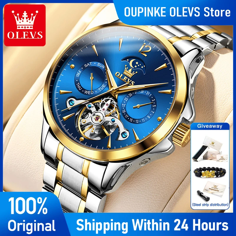 

OLEVS 6663 Mens Watch Luxury Flywheel Moon Phase Automatic Mechanical Watch Waterproof Luminous Week Date Watches For Man