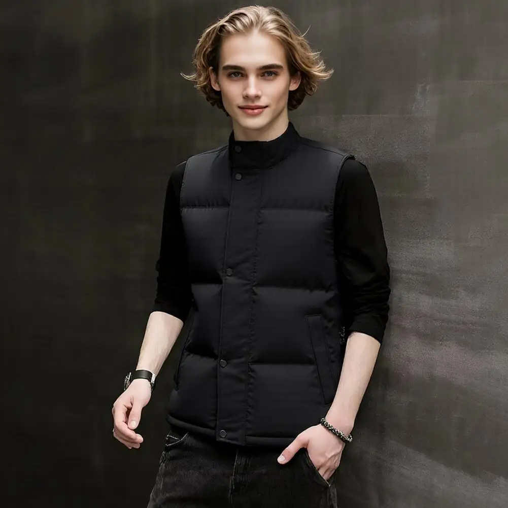 Versatile Men Vest Men's Down Waistcoat with Pockets Stand Collar Sleeveless Vest Autumn Winter Cotton Cold Weather Zipper