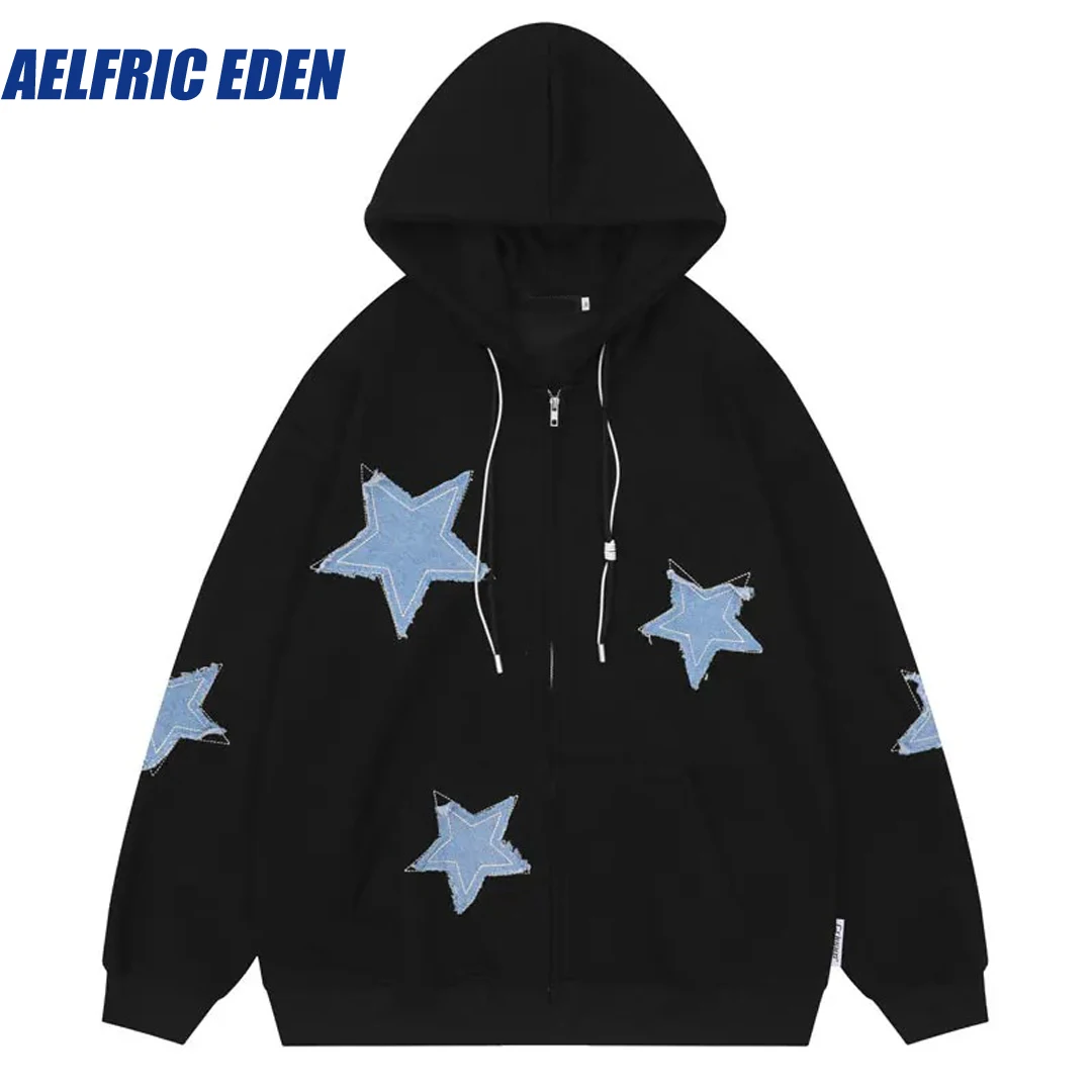 Aelfric Eden Hip Hop Hoodie Sweatshirt Jacket Y2K Vintage Retro Star Patch Zip Up Hooded Streetwear Men Harajuku Casual Hoodies