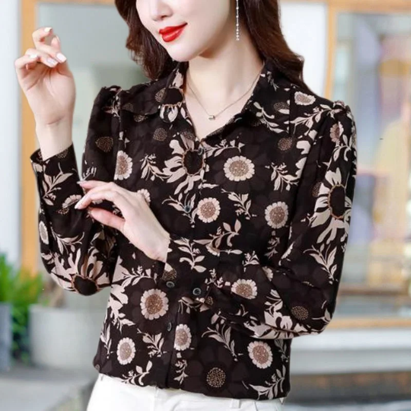 Clothing Turn-down Collar Flower Printing Button Long Sleeve Cardigan Chiffon Shirt Spring Autumn Flattering Office Lady Tops