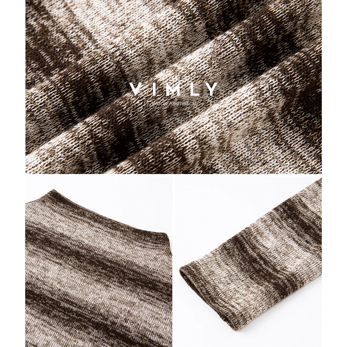 VIMLY Vrouw Bruin Gestreepte T-shirts Herfst 2025, Casual Gebreide Top Met Lange Mouwen, Elegant Gebreide Half Coltrui Dames Tees A3201