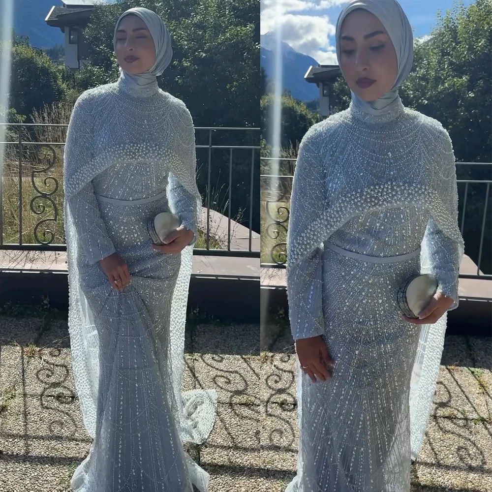 Alinovia Luxury Muslim Evening Dress with Cape 2025 Dubai Mermaid Long Sleeves Formal Wedding Party Gown for Women Customized
