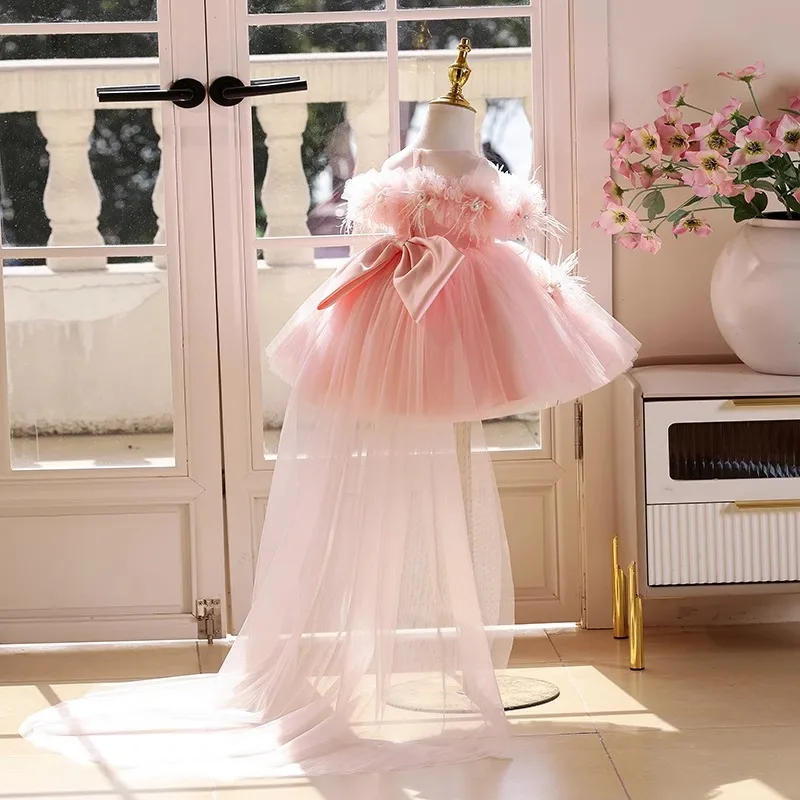 Baby Girls Feather Tulle Dress Off Shoulder Pearl Embellished Princess Gown Toddler Formal Dress For Birthday Holiday Party