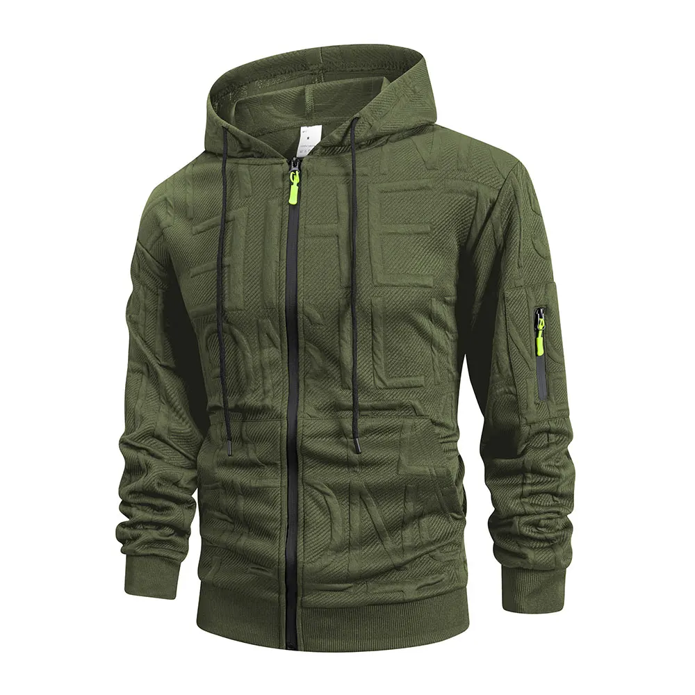 Mens Letter Jacquard Jacket Simple Stylish Autumn Sportwear Warm Casual Multiple Pockets Outwear Zip Up Hooded Coats for Men