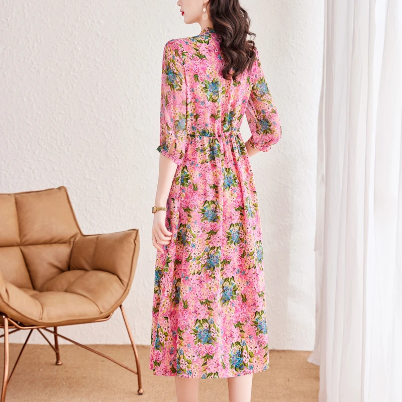 Summer Fashion Retro Silk Printed Mulberry Silk Dress For Women 2023 New Versatile Floral Loose Fit Leisure Vacation Vestidos