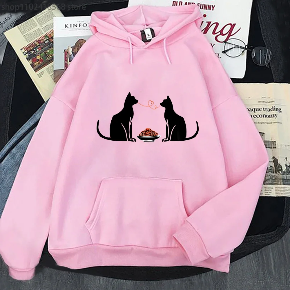 Funny Valentines Day Hoodies Women Cute Cat Lover Eating Spaghetti Graphic Sweatshirt  Y2k Clothes Kawaii Girls Top Men Pullover