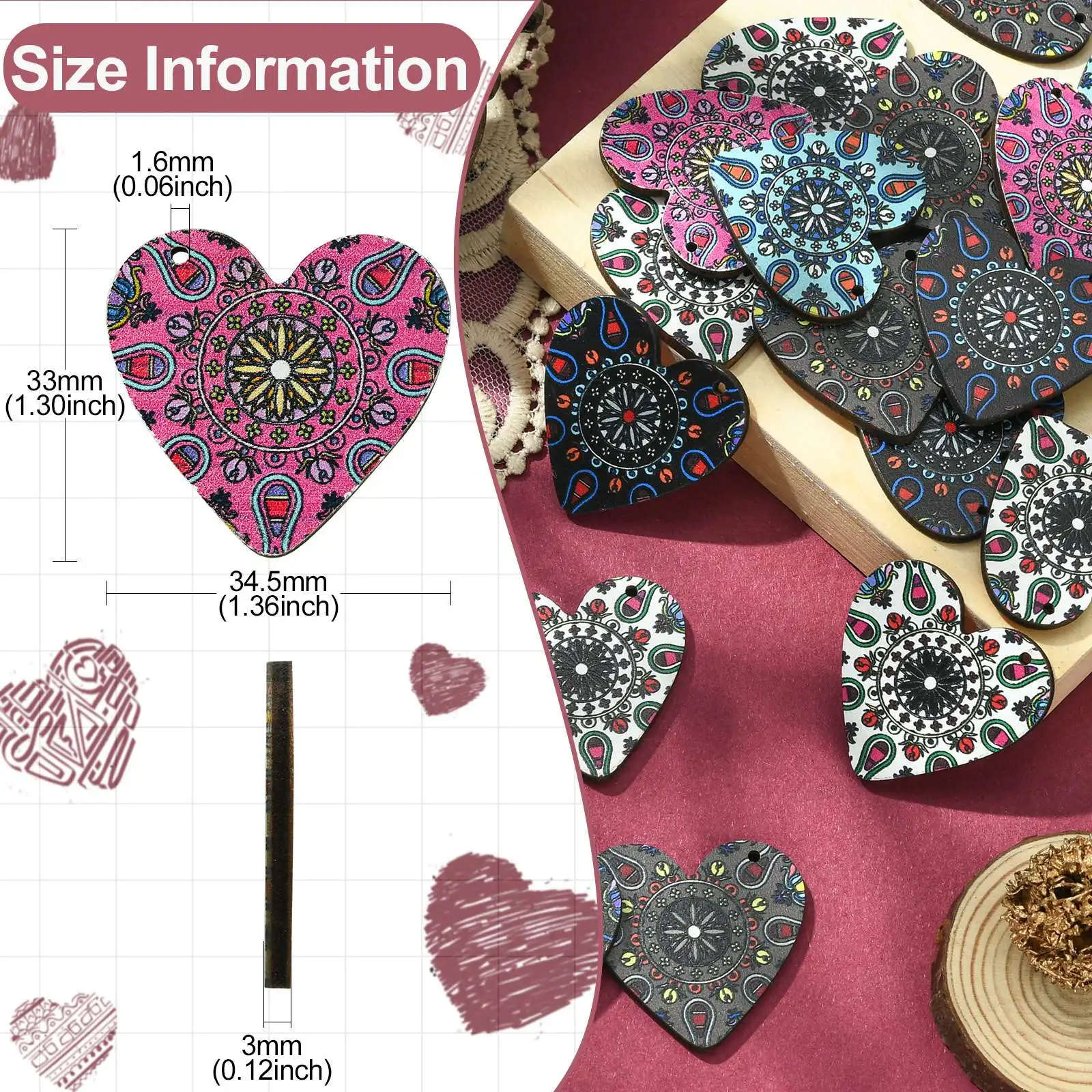 Pandahall 30Pcs 5 Styles Wooden Heart Charms Valentine's Day Sweet Heart Shape Charms for Earrings Jewelry Making