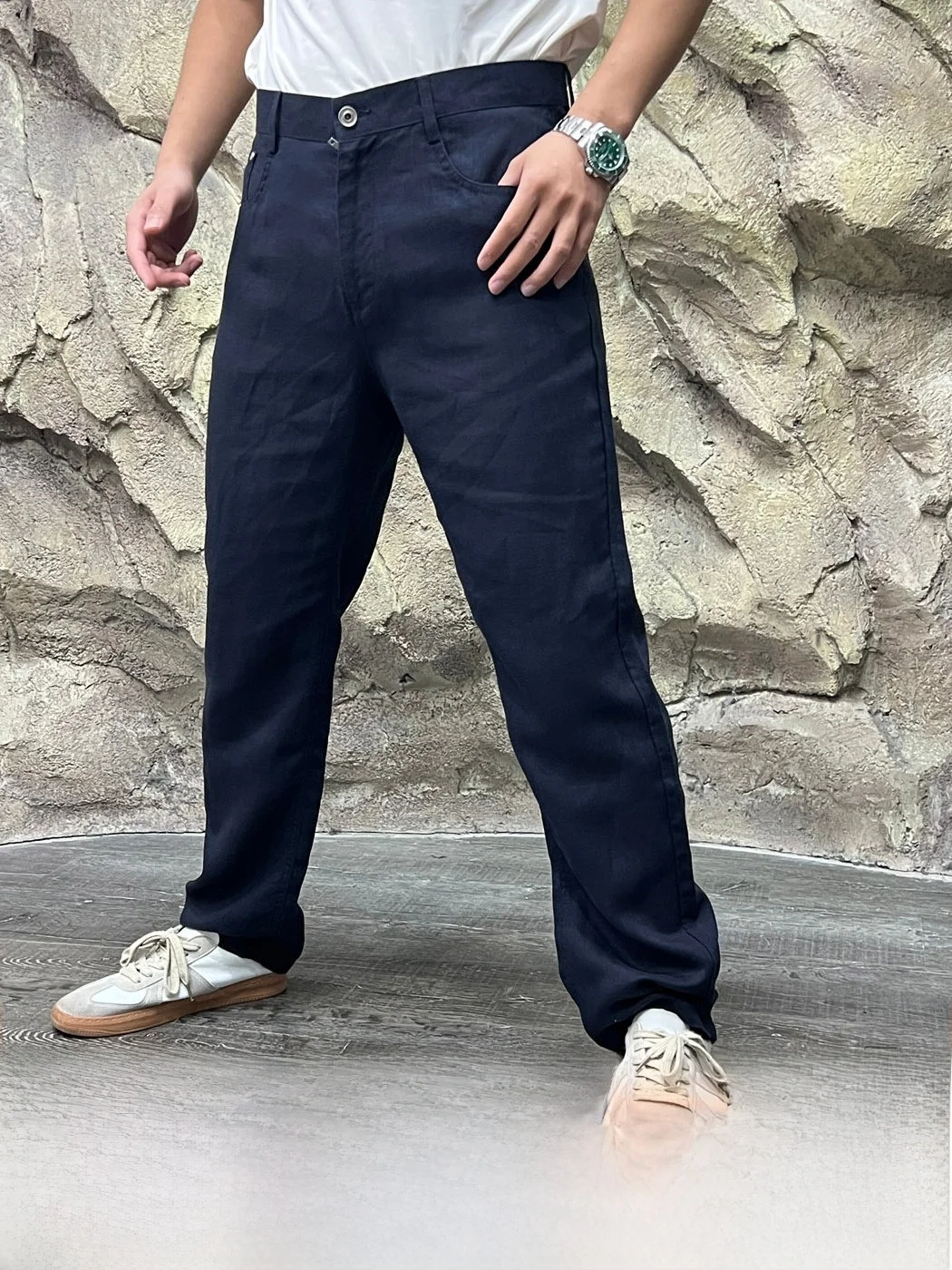 Italian Luxury Linen Mix Casual Jeans Style Long Pants Breathable Comfortable Spring Summer Classic Blue Straight Leg Trousers