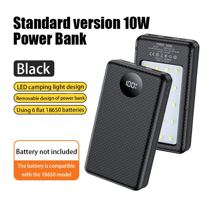 6*18650 Battery Holder 10W Fast Charging DIY Mobile Power Case Dual USB Type C Charge for iPhone Xiaomi With LED Light Outdoor