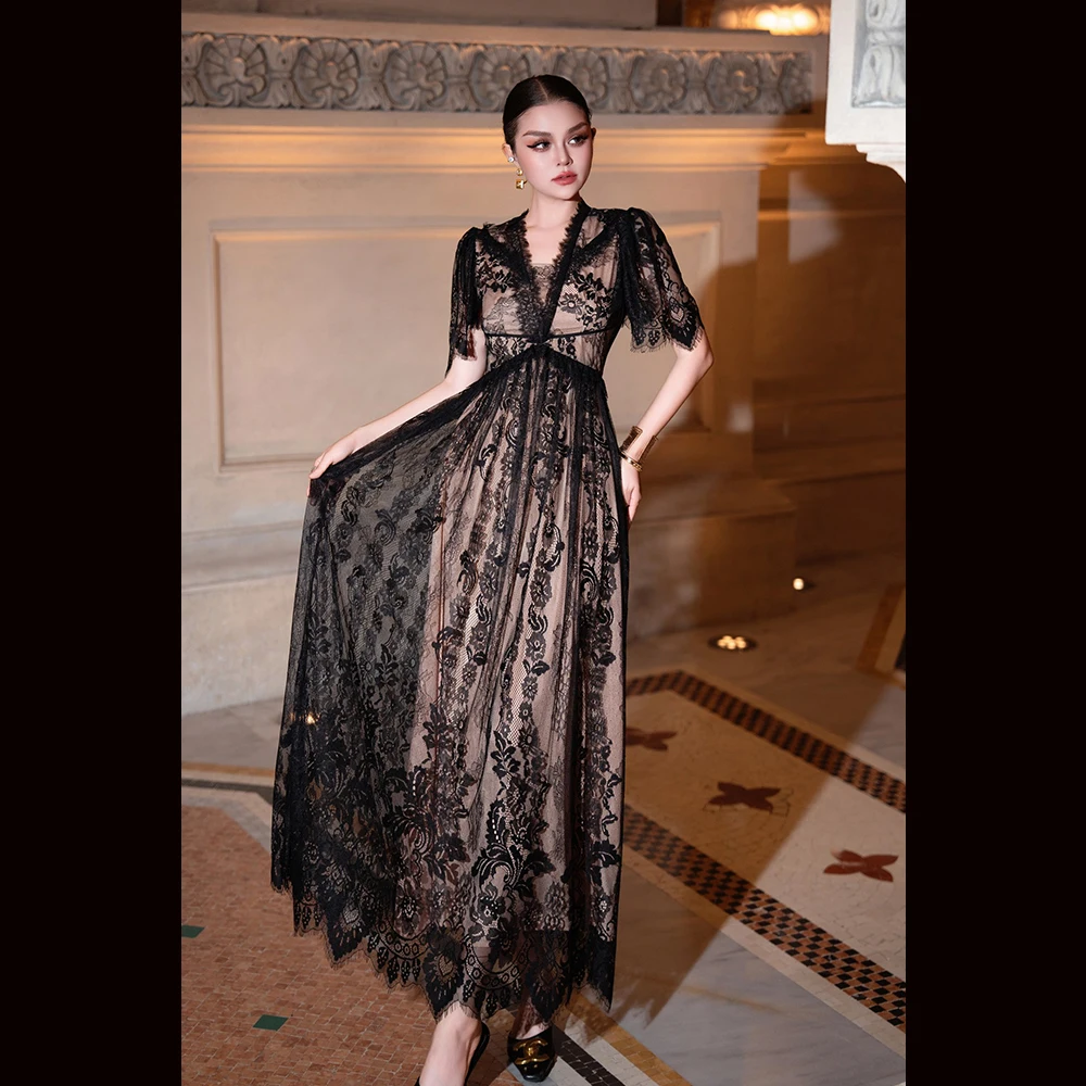 

Meyyithun Women's Dress Black Lace Waist-Cinching Short Sleeve V-neck Long Dress Elegant Midi Lady Clothing 1117M03