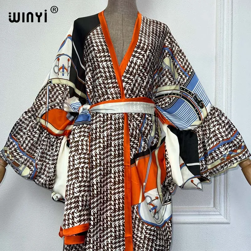 WINYI-Vestido de festa feminino com cinto automático, feriado elegante, cardigã de manga bolha, moda praia, roupa de banho para cobrir, moda estampada