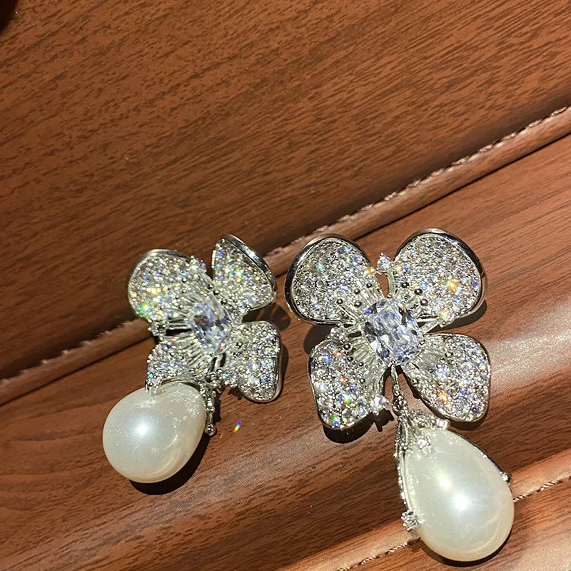 Vintage Floral Drop Earrings Sparkly Cubic Zirconia Flower Design Teardrop Pearl Dangling Detail Silver Tone Ladies Ear Ornament