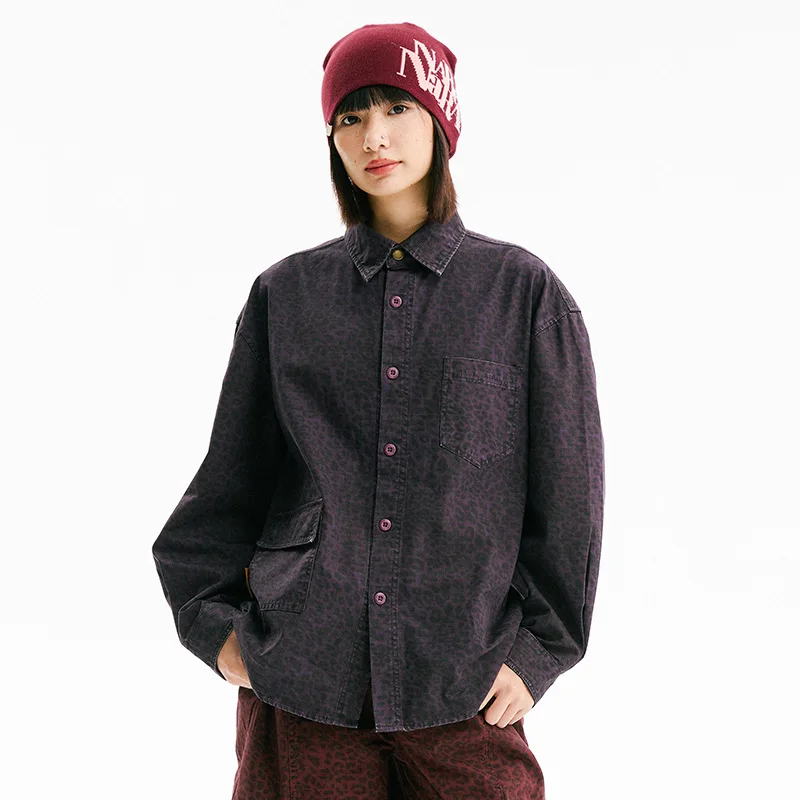 American Retro Leopard Print Oversize Shirt for Men Women Streetwear Fashion Washed Cotton Loose Casual Cargo Shirt Jacket Tops