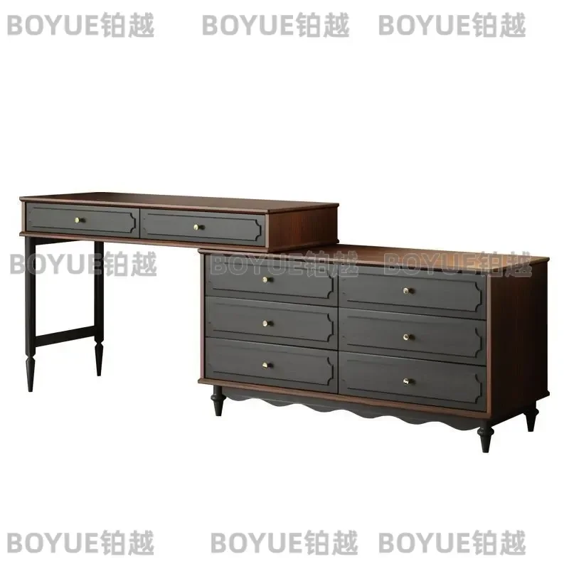 Retro Rubber Wood Dresser with Mirror Antique American Style Medium Size Retractable Storage Cabinet for Adult Bedroom Living