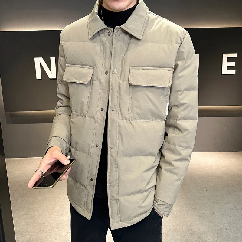 

Зимний мужской пуховик, новый простой отложной воротник, мужская верхняя одежда с длинными рукавами, однобортное мужское пальто с карманами, деловое повседневное мужское пальто